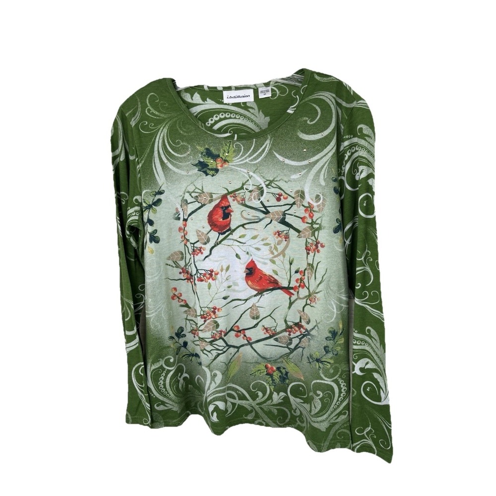 Womens Crewneck Top S Cardinals I.B. Diffusion Long Sleeve Green Studded